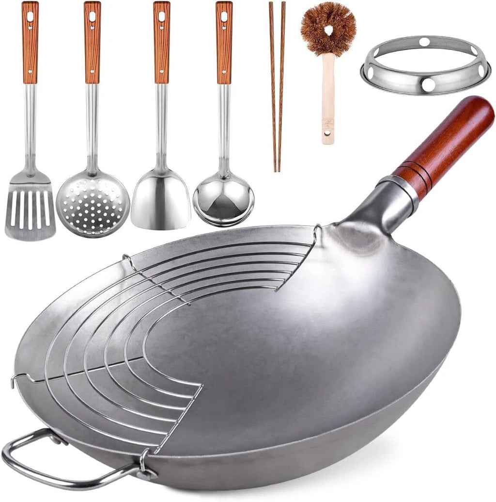 Carbon Steel Wok 13.4” Chinese Wok Set with 8 Kitchenware Accessories