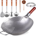 Carbon Steel Wok 13.4” Chinese Wok Set with 8 Kitchenware Accessories