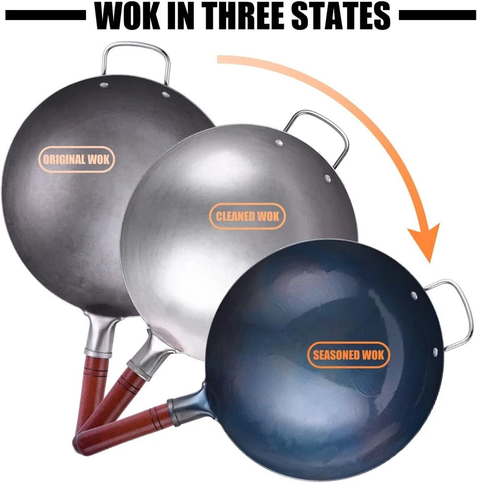 Carbon Steel Wok 13.4” Chinese Wok Set with 8 Kitchenware Accessories