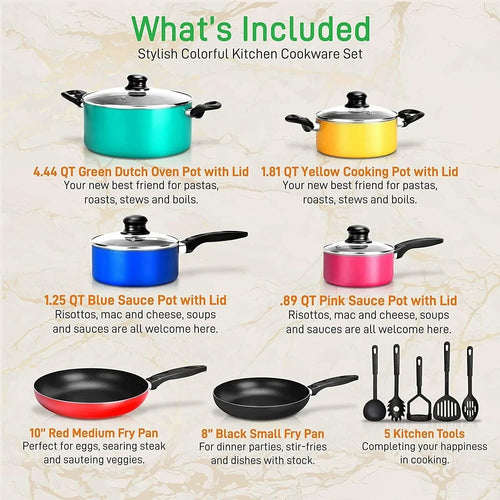 15 Piece Pots & Pans Set - Colorful Kitchen Cookware, Black Non-Stick Coating In