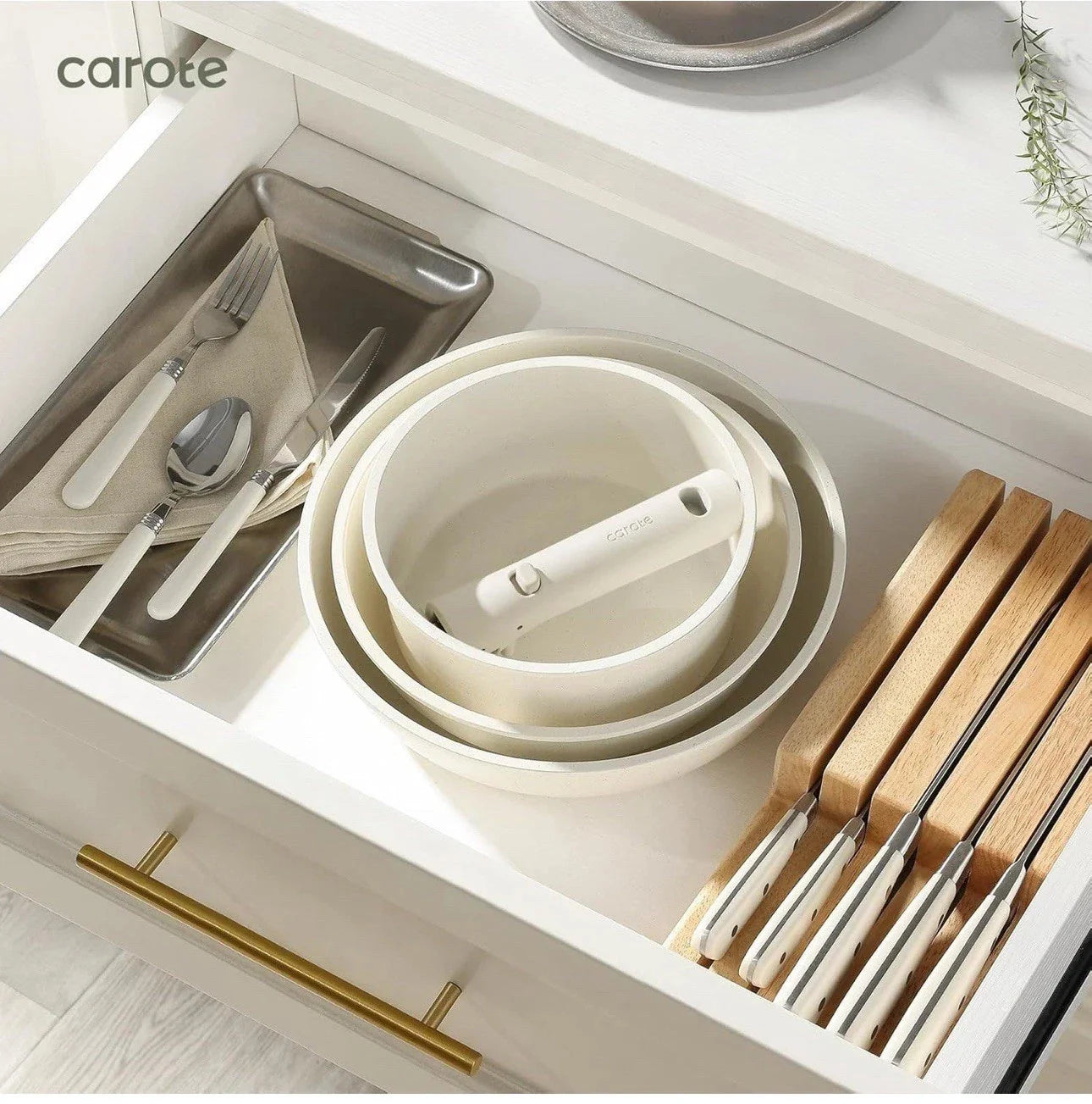 🌟 BRAND NEW IN BOX – 21-PC CAROTE CERAMIC COOKWARE SET – CREAM COLOR – FREE USA